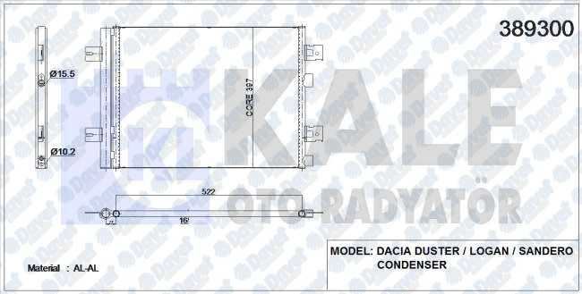 KALE 389300 Klima Radyatoru Duster 10> Sandero 08> Logan 10> 1.2 16v-1.4-1.6-1.5dci (Al/Al) (525x390x16) (Kurutucu Ile)